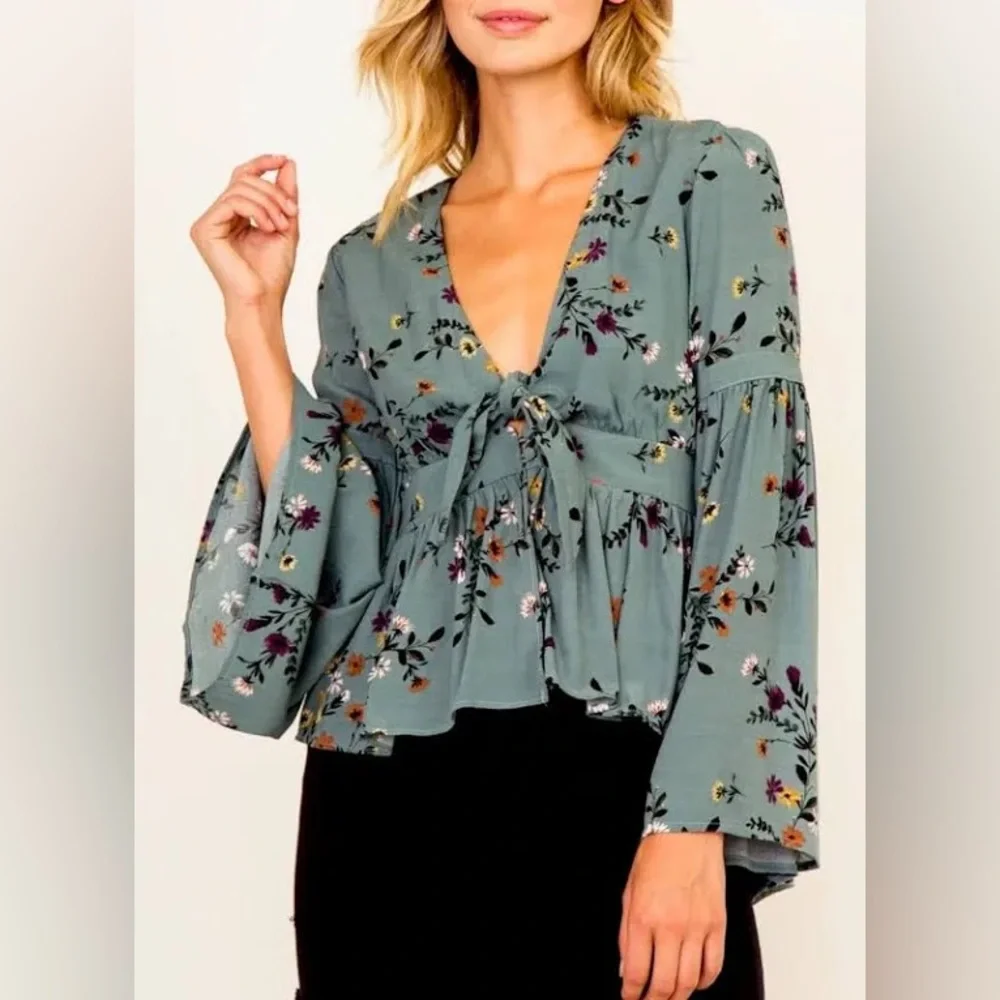 Olivaceous Floral Bell Sleeve Blouse - Picture 3 of 3